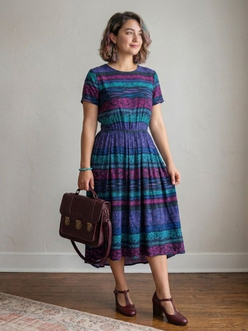 Miss Dorby Vintage Abstract Print Midi Dress Womens 10 Purple 80s Retro Summer